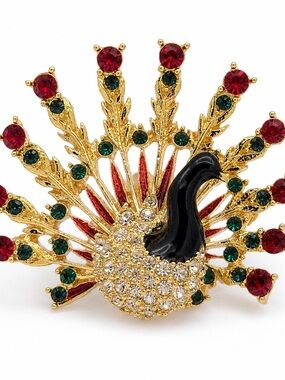 Vintage Signed Peacock Brooch 1.75” Gold Tone Rhinestone Enamel Pin Red Green St